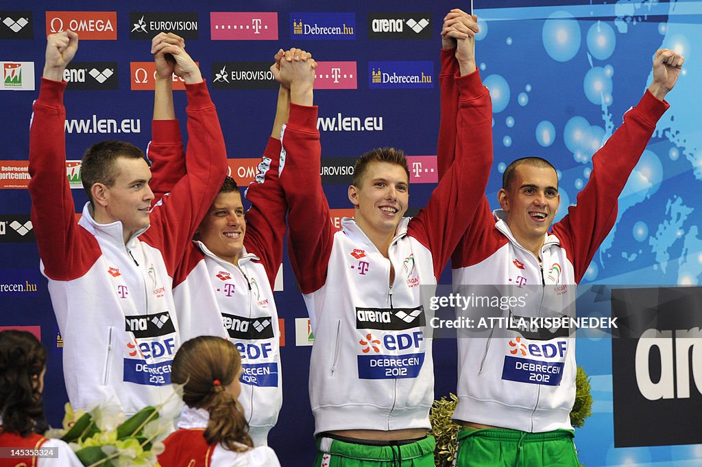 Bronze medallists (L-R) Hungary's Peter 