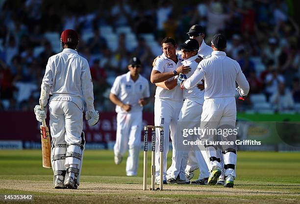 Tim Bresnan of England celebrates the wicket of Denesh Ramdin of West Indies during the Second Investec Test Match between England and West Indies at...