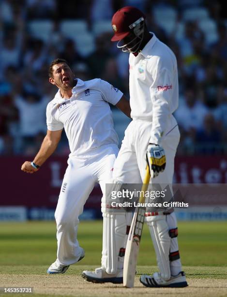 Tim Bresnan of England celebrates the wicket of Kirk Edwards of West Indies during the Second Investec Test Match between England and West Indies at...