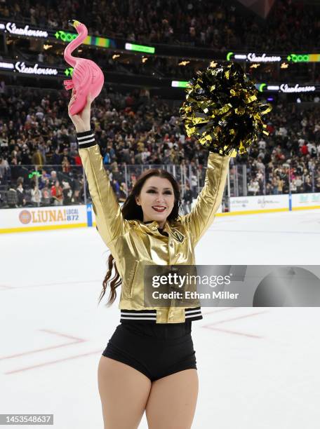 Member of the Knights Guard carries a plastic flamingo thrown onto the ice by a fan after the Vegas Golden Knights' 5-4 overtime victory over the...