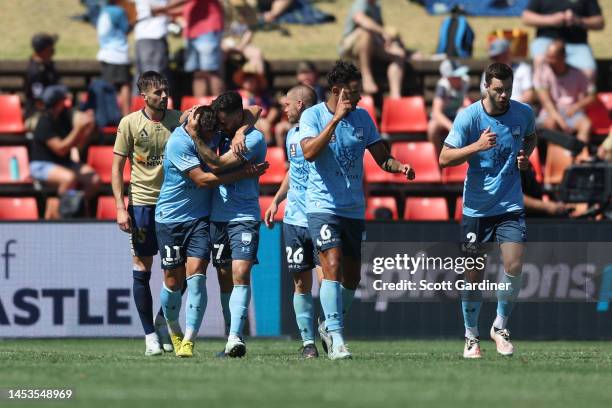 Róbert Mak of Sydney FC celebrates his goal during the round 10 A-League Men's match between Newcastle Jets and Sydney FC at McDonald Jones Stadium,...