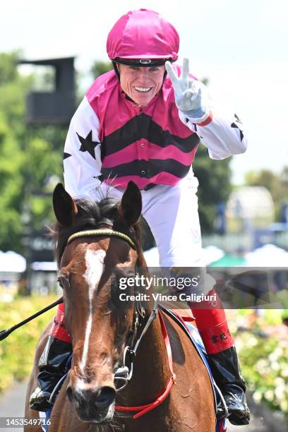 Craig Williams riding Papillon Club after winning Race 2, the Australian Trainers' Association Plate, during Melbourne Racing at Flemington...
