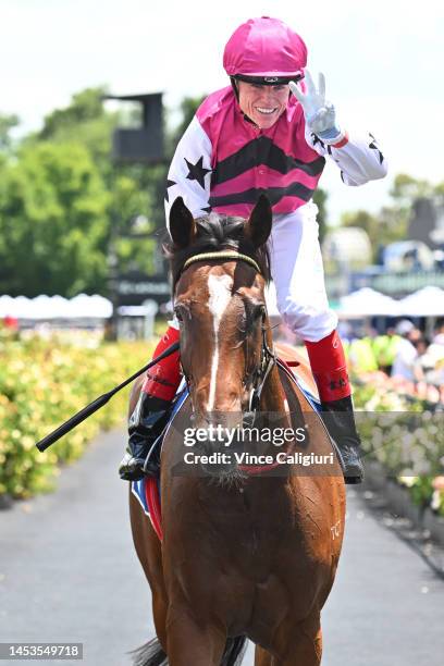 Craig Williams riding Papillon Club after winning Race 2, the Australian Trainers' Association Plate, during Melbourne Racing at Flemington...