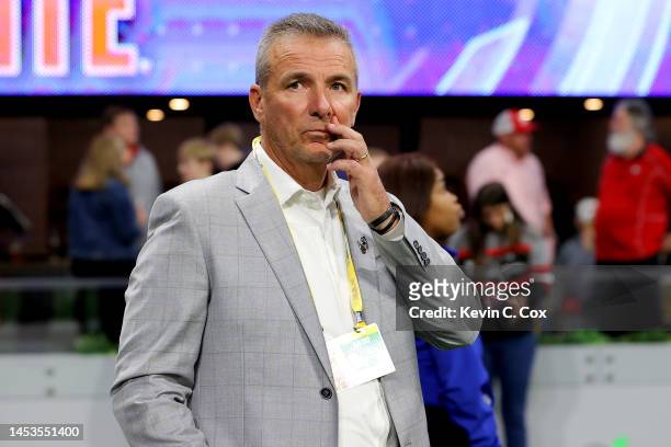 Urban Meyer is seen prior to the game between the Ohio State Buckeyes and the Georgia Bulldogs in the Chick-fil-A Peach Bowl at Mercedes-Benz Stadium...