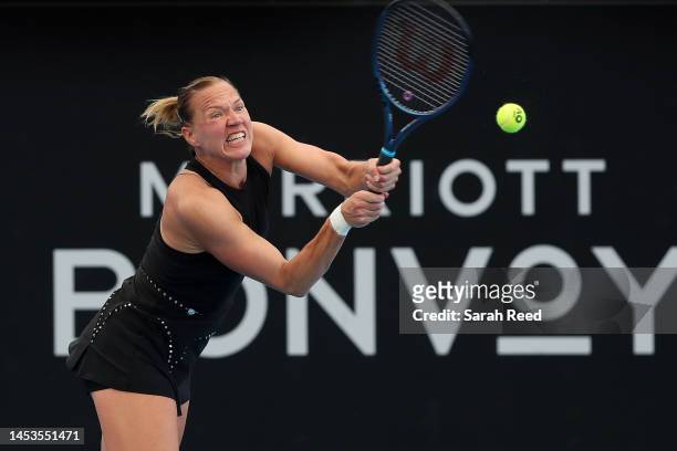 Kaia Kanepi of Estonia competes against Aliaksandra Sasnovich of Belarus during day one of the 2023 Adelaide International at Memorial Drive on...
