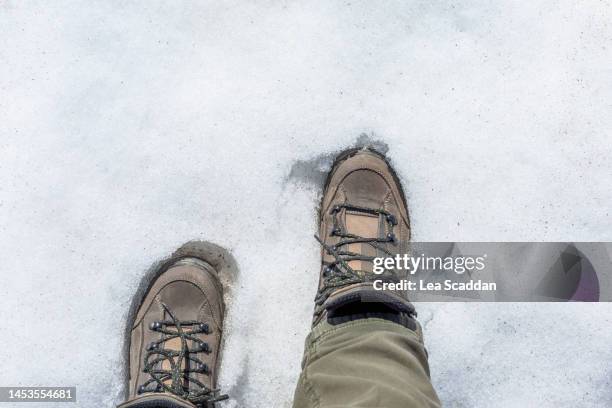 low section of woman wearing shoes on snow covered ground - soles pose stockfoto's en -beelden