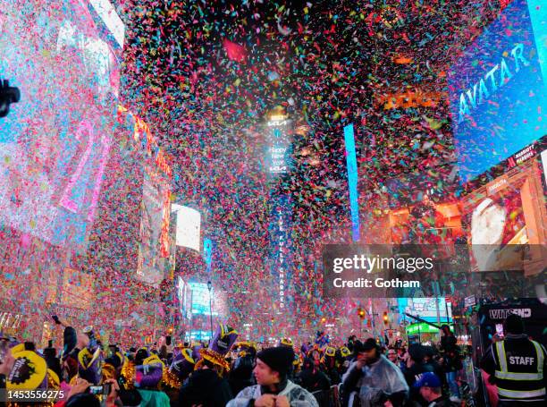 General view of the ball drop in Times Square during the New Year's Eve celebration on January 1, 2023 in New York City.