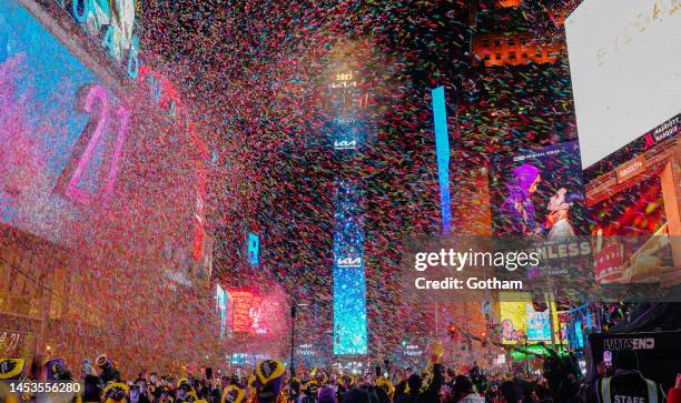 General view of the ball drop in Times Square during the New Year's Eve celebration on January 1, 2023 in New York City.