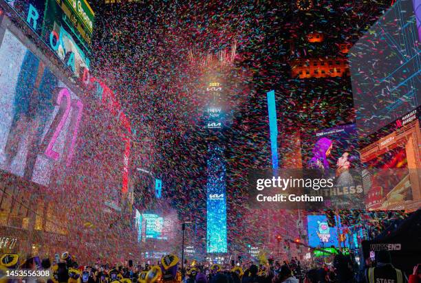 General view of the ball drop in Times Square during the New Year's Eve celebration on January 1, 2023 in New York City.