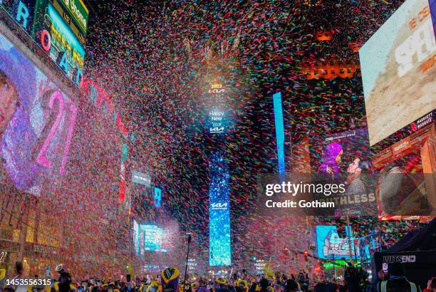 General view of the ball drop in Times Square during the New Year's Eve celebration on January 1, 2023 in New York City.