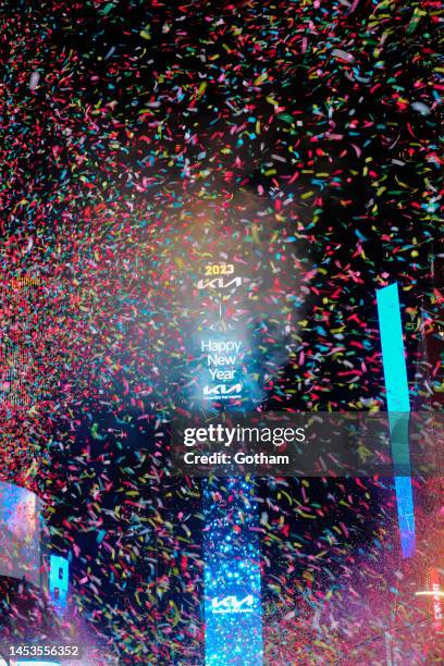 General view of the ball drop in Times Square during the New Year's Eve celebration on January 1, 2023 in New York City.