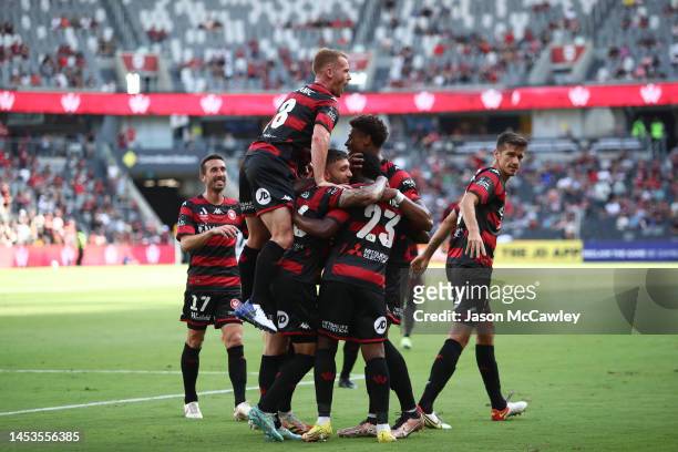Yeni Ngbakoto of the Wanderers celebrates scoring a goal during the round 10 A-League Men's match between Western Sydney Wanderers and Macarthur FC...