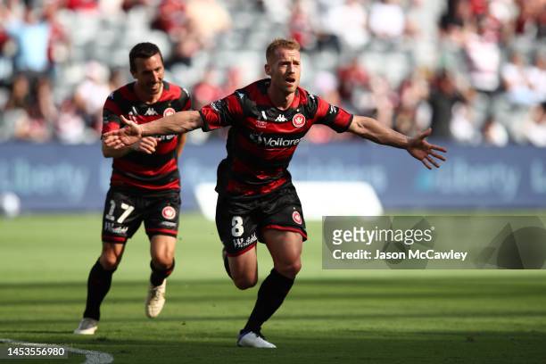 Oliver Bozanic of the Wanderers celebrates scoring a goal during the round 10 A-League Men's match between Western Sydney Wanderers and Macarthur FC...