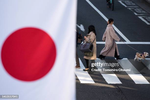 Woman walks with a dog behind a Japanese national flag on a street near Meiji Shrine on the first day of the year on January 01, 2023 in Tokyo,...