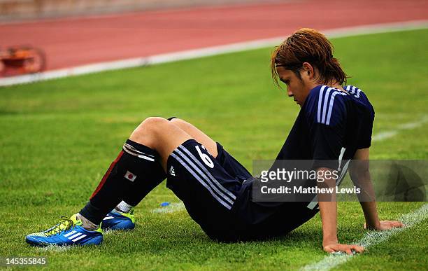 Takashi Usami of Japan looks on, after his team lost to Egypt during the Toulon Tournament Group A match between Japan and Egypt at Le Grand Stade on...
