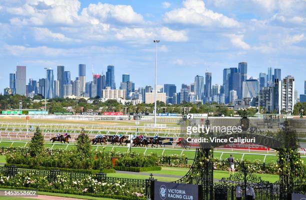 Damien Thornton riding Obfuscation winning Race 8, the George Watson Handicap, during Melbourne Racing at Flemington Racecourse on January 01, 2023...