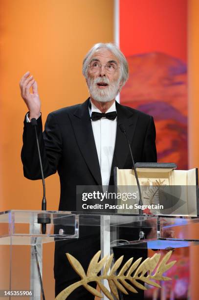 Director Michael Haneke receives the Palme D’Or for "Amour" onstage at the Closing Ceremony during the 65th Annual Cannes Film Festival on May 27,...