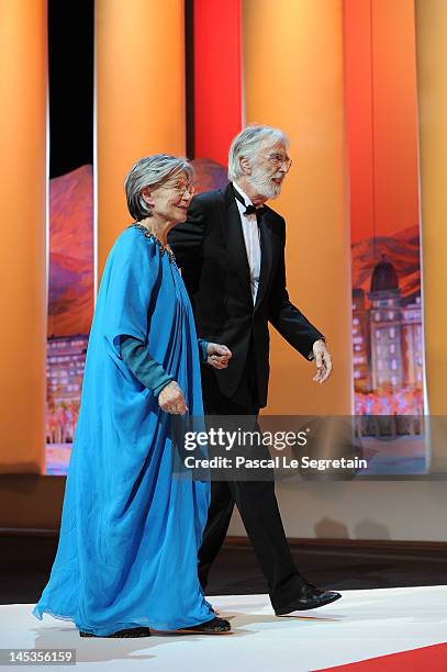 Actress Emmanuelle and director Michael Haneke onstage at the Closing Ceremony during the 65th Annual Cannes Film Festival on May 27, 2012 in Cannes,...