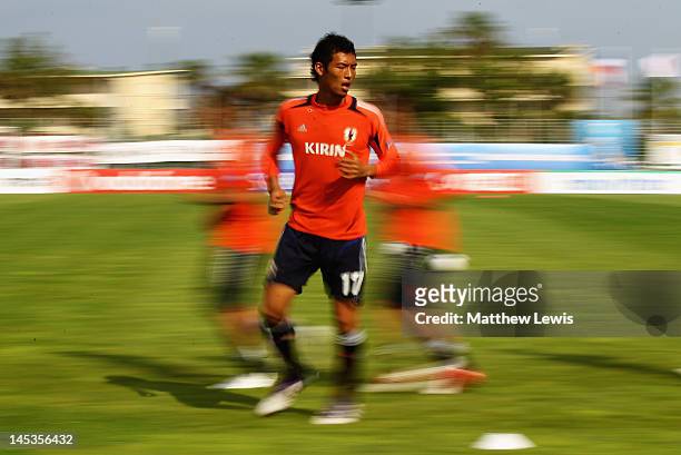 Hiroshi Ibusuki of Japan warms up ahead of the Toulon Tournament Group A match between Japan and Egypt at Le Grand Stade on May 27, 2012 in Le...