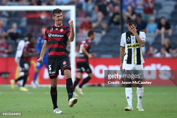 Tomislav Mrcela of the Wanderers celebrates the goal scored by Brandon Borrello of the Wanderers during the round 10 A-League Men's match between...