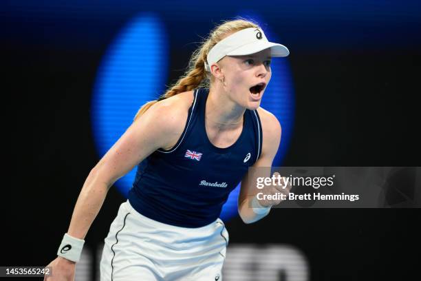 Harriet Dart of Great Britain celebrates winning a point in the Group D match against Paula Badosa of Spain during day four of the 2023 United Cup at...