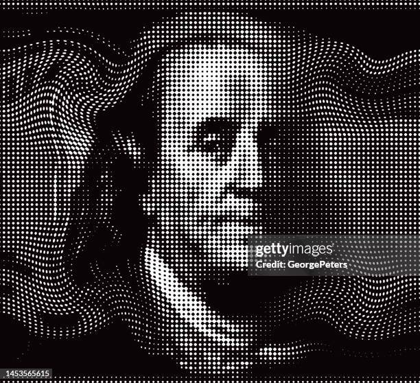 halbtonpunktvektor von benjamin franklin face - 100 dollar bill wallpaper stock-grafiken, -clipart, -cartoons und -symbole