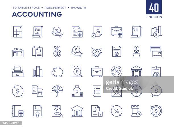 accounting line icon set contains spreadsheet, accounting ledger, tax, loan, calculator and so on icons. - budget calculator stock illustrations