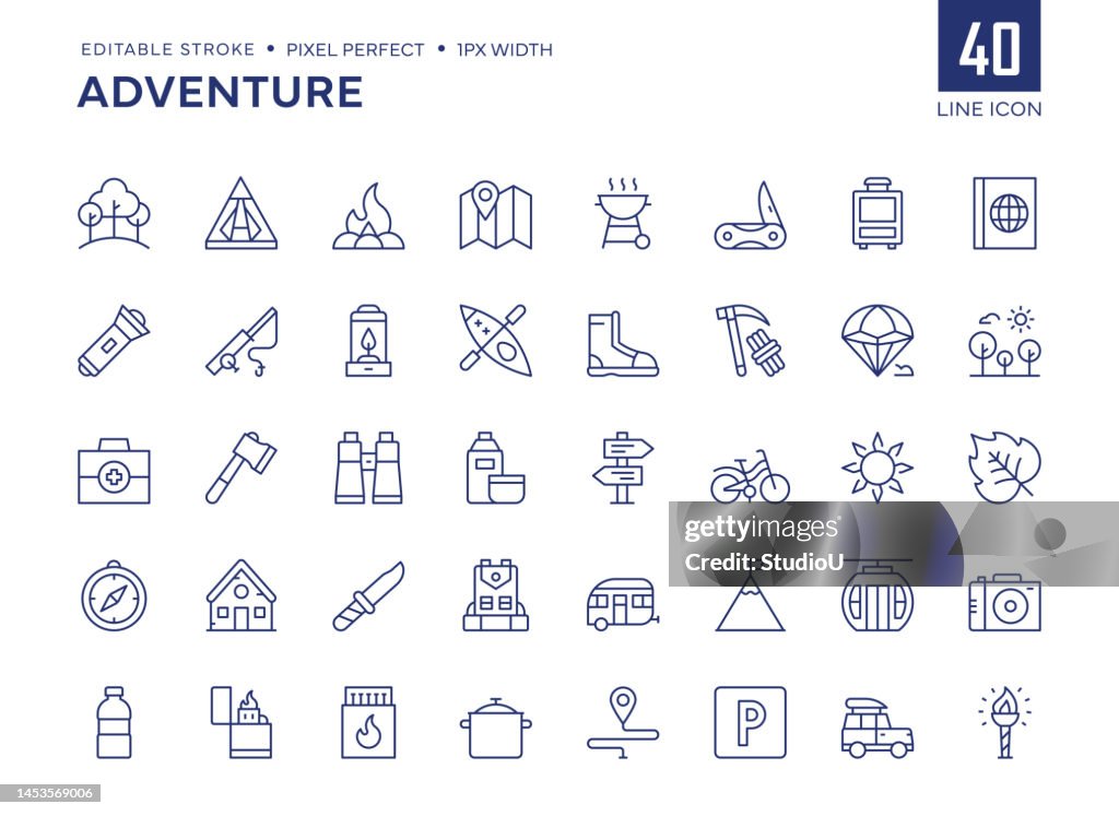 Adventure Line Icon Set contains Camp Tent, Forest, Campfire, Fishing, Caravan and so on icons.