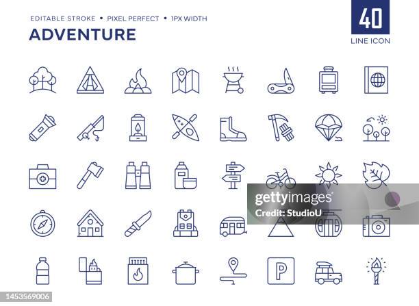 adventure line icon set contains camp tent, forest, campfire, fishing, caravan and so on icons. - mountain range icon stock illustrations