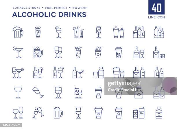 stockillustraties, clipart, cartoons en iconen met alcohol drinks line icon set contains beer glass, vodka, whiskey bottle, cognac, wine glass, champagne and so on icons. - tequila sterkedrank