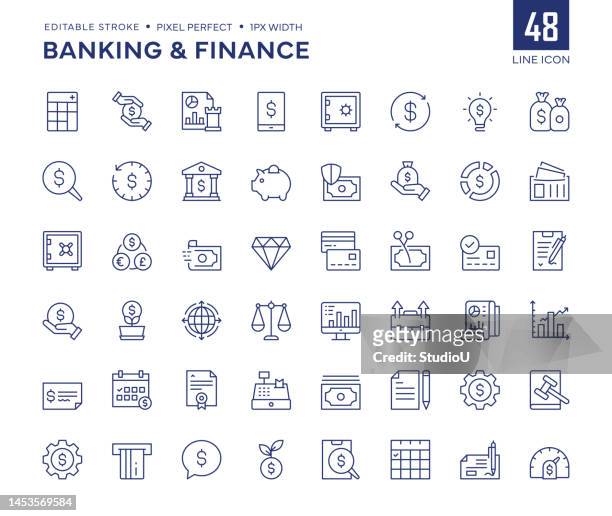 ilustrações, clipart, desenhos animados e ícones de o conjunto de ícones de linha bancária e financeira contém ícones de calculadora, empréstimo financeiro, cofre bancário, banco, cofrinho, relatório financeiro e assim por diante. - conta bancária