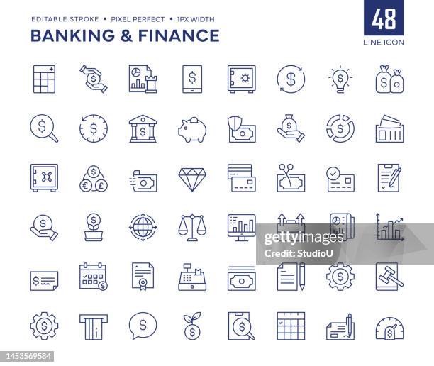 banking and finance line icon set contains calculator, financial loan, bank safe, bank, piggy bank, financial report and so on icons. - bank account stock illustrations