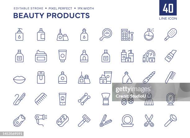 illustrations, cliparts, dessins animés et icônes de l’ensemble d’icônes de la ligne de produits de beauté contient de l’eye-liner, du rouge à l