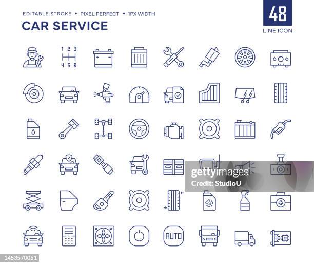 car service line icon set enthält mechaniker, bremse, batterie, rad, fahrwerk, wartung, kolben und so weiter symbole. - auto werkstatt stock-grafiken, -clipart, -cartoons und -symbole