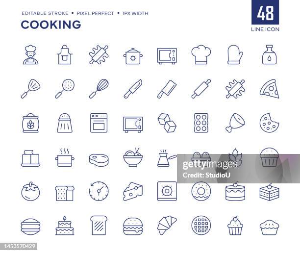 cooking line icon set contains rolling pin, saucepan, microwave, kitchen utensils, oven, apron and so on icons. - pie icon stock illustrations