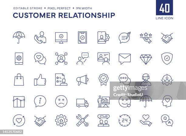 ilustrações de stock, clip art, desenhos animados e ícones de customer relationship line icon set contains feedback, testimonials, crm, call center, customer support, etc. - u know