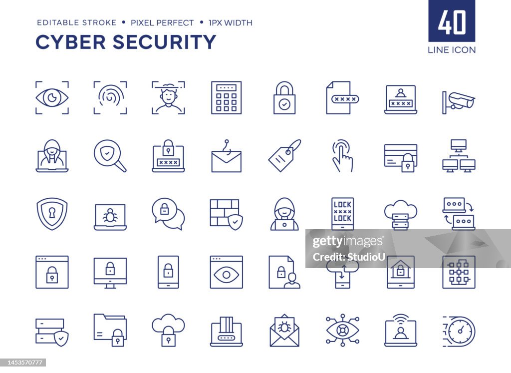 Cyber Security Line Icon Set enthält Hacker-, Firewall-, Gesichts-ID-, Fingerabdruck-, Antivirus-, Phishing- usw. Symbole.