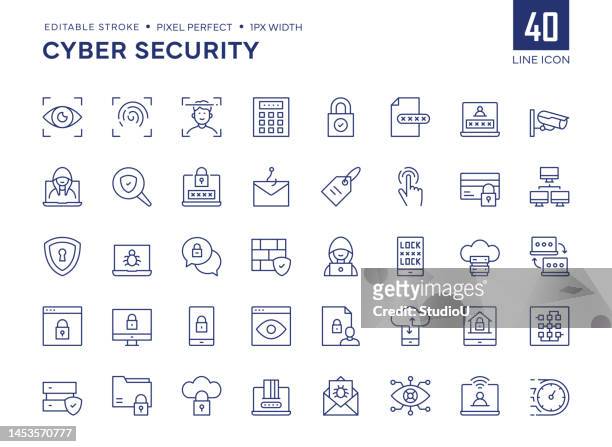 ilustraciones, imágenes clip art, dibujos animados e iconos de stock de cyber security line icon set contiene iconos de hackers, firewall, face id, huellas dactilares, antivirus, phishing, etc. - datos personales