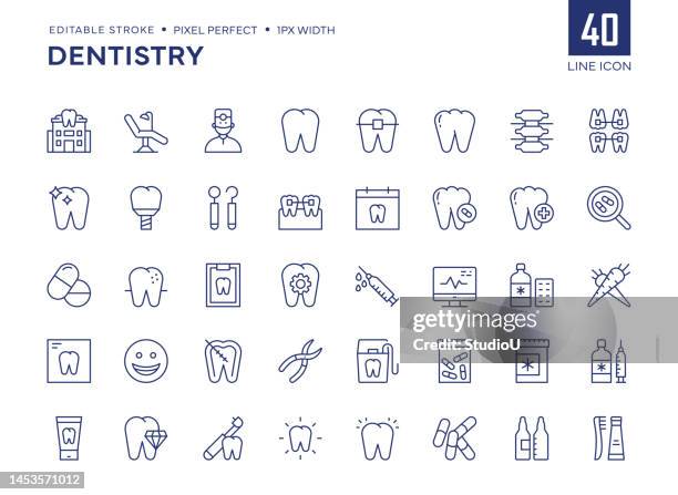 ilustraciones, imágenes clip art, dibujos animados e iconos de stock de el conjunto de iconos de la línea de odontología contiene iconos de clínica dental, silla de dentista, dentista, diente, medicina, etc. - dentista