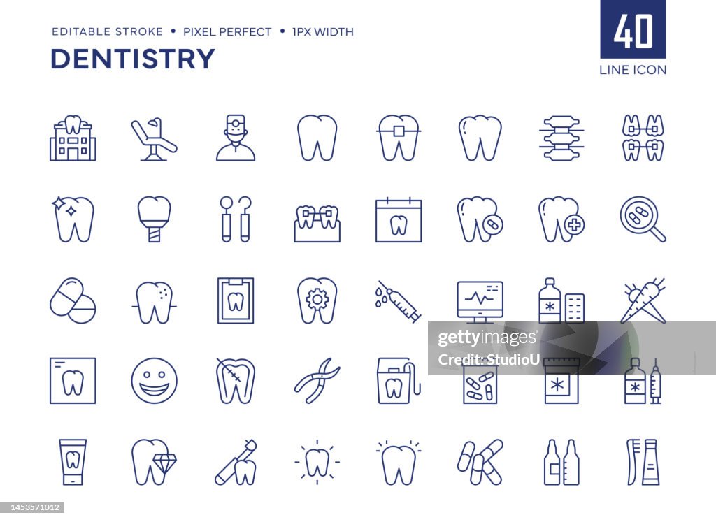 Dentistry Line Icon Set contains Dental Clinic, Dentist Chair, Dentist, Tooth, Medicine, and so on icons.