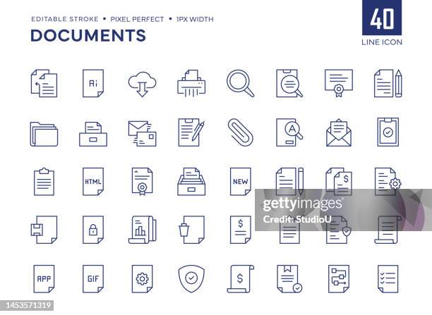 documents line icon set enthält shredder, archiv, papierkram, bericht, zertifikat und so weiter symbole. - miteinander verbunden stock-grafiken, -clipart, -cartoons und -symbole