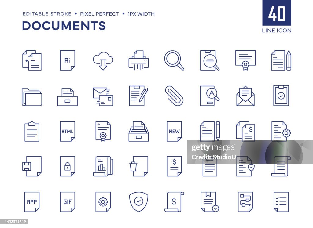 Documents Line Icon Set contains Shredder, Archive, Paperwork, Report, Certificate and so on icons.