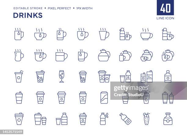 drinks line icon set enthält tee, kaffee, teekanne, kaffeekanne, soda, alkohol, kaffee zum mitnehmen und so weiter symbole. - takeaway coffee cup stock-grafiken, -clipart, -cartoons und -symbole