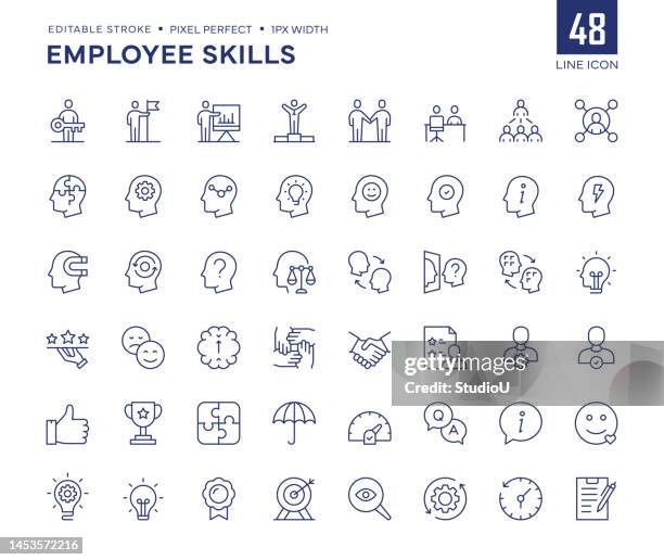 employee skills line icon set contains key person, leadership, training, motivation, experience, empathy, organization and so on icons. - empathy stock illustrations