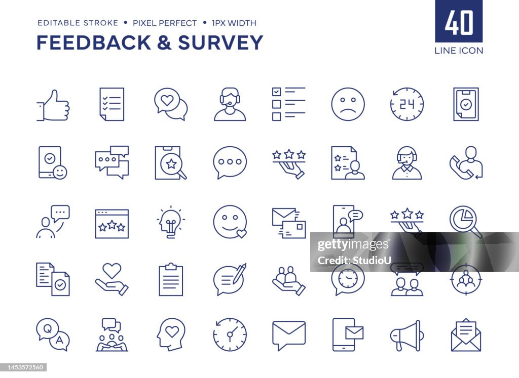 Feedback und Umfrage Line Icon Set enthält Bewertung, Fragen, Daumen hoch, Umfrage, Fragebogen, Testimonials, Kundenbewertungen, Publikum und so weiter Symbole.