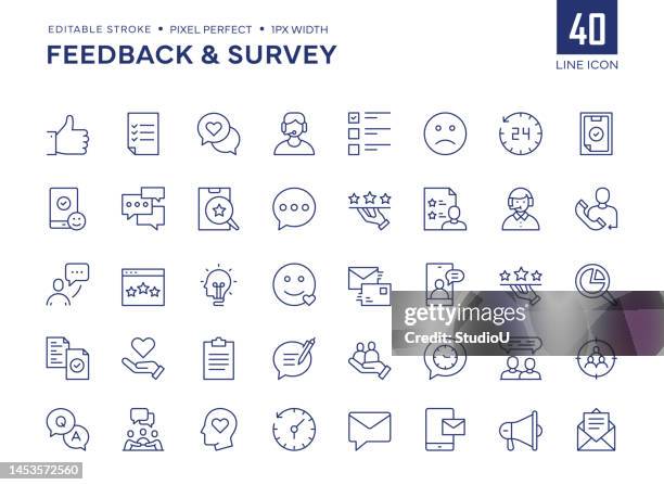 bildbanksillustrationer, clip art samt tecknat material och ikoner med feedback and survey line icon set contains rating, questions, thumbs up, surveyor, questionnaire, testimonials, customer reviews, audience and so on icons. - solutions