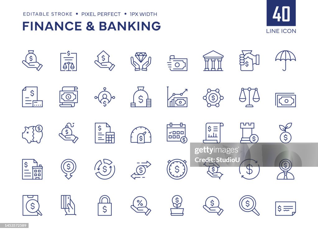 Finanz- und Banklinien-Symbolset enthält Finanzkredit, Bilanz, Bankgebäude, Risikomanagement, Einnahmen, Investitionen, Cashflow und so weiter.