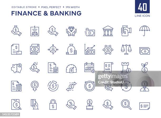 finanz- und banklinien-symbolset enthält finanzkredit, bilanz, bankgebäude, risikomanagement, einnahmen, investitionen, cashflow und so weiter. - banking icon stock-grafiken, -clipart, -cartoons und -symbole