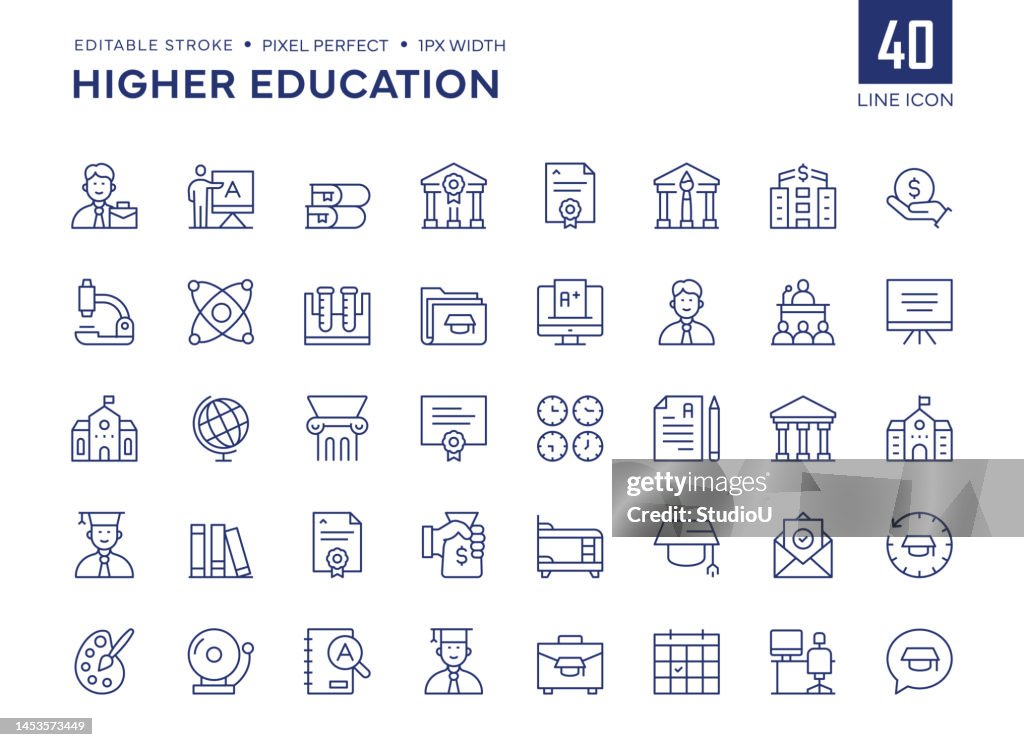 Higher Education Line Icon Set contains University, Master Degree, Professor, Part Time Job, Student, Mortarboard, Graduation and so on icons.