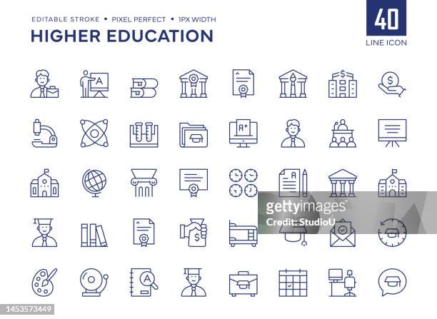 higher education line icon set contains university, master degree, professor, part time job, student, mortarboard, graduation and so on icons. - education stock illustrations